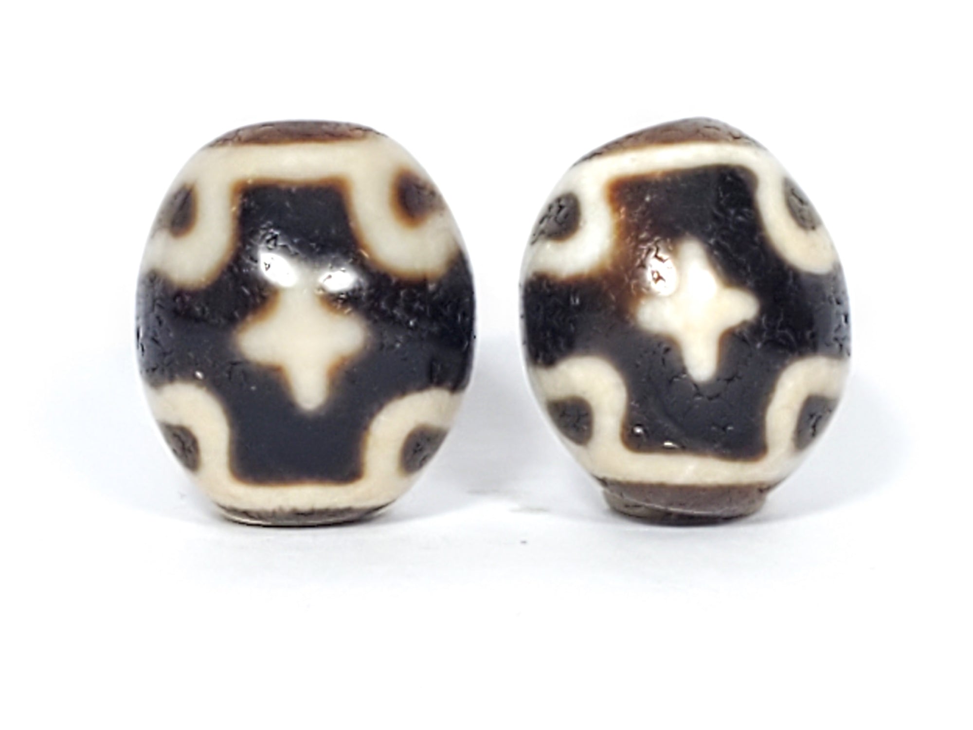 Pair of Ancient Round Six Eye Lotus & Cross Motif Dzi Bead - Very Old - 老達洛珠 (TiD-Anc-Rx2-SiELC-020124)