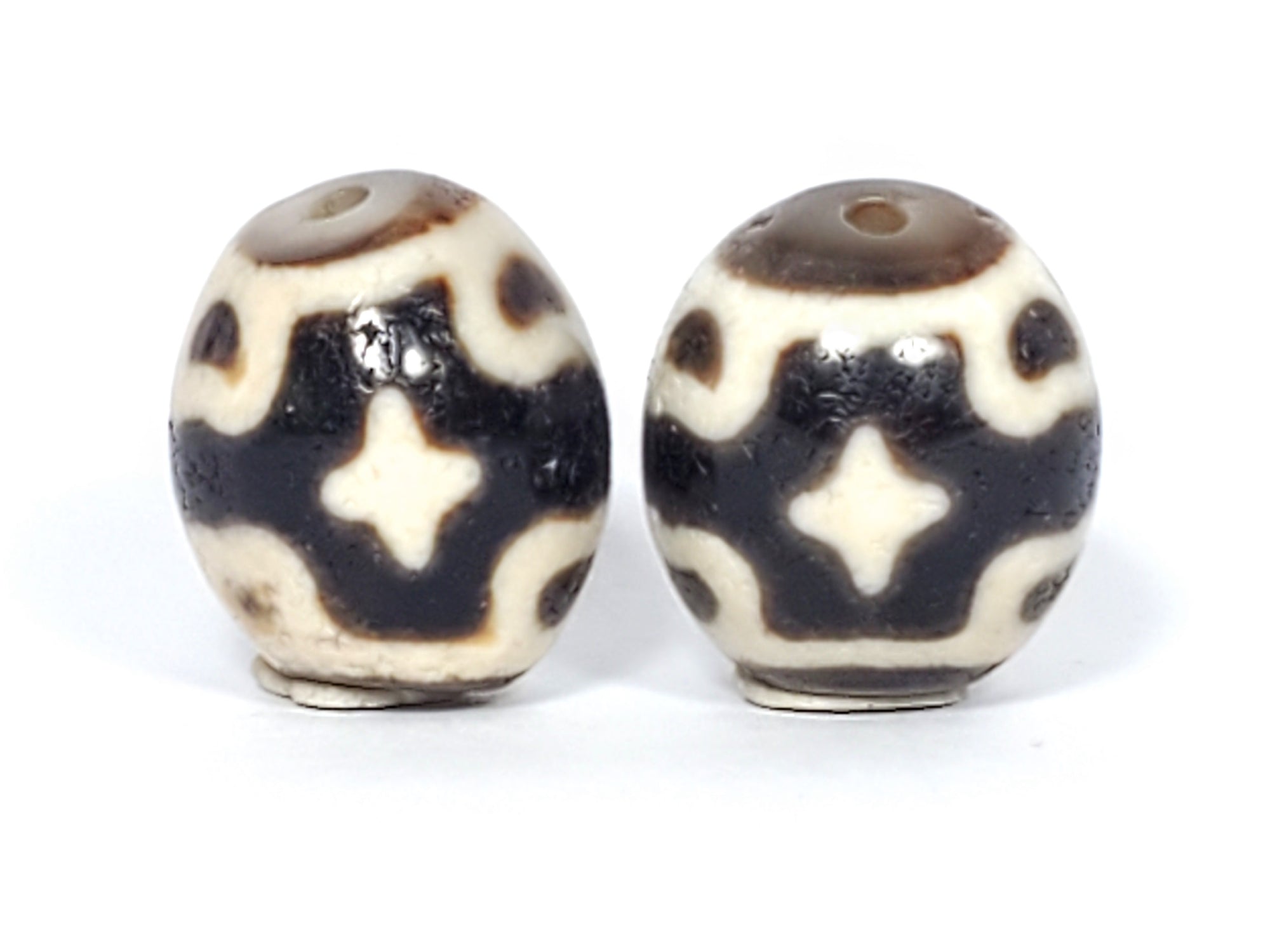 Pair of Ancient Round Six Eye Lotus & Cross Motif Dzi Bead - Very Old - 老達洛珠 (TiD-Anc-Rx2-SiELC-020124)