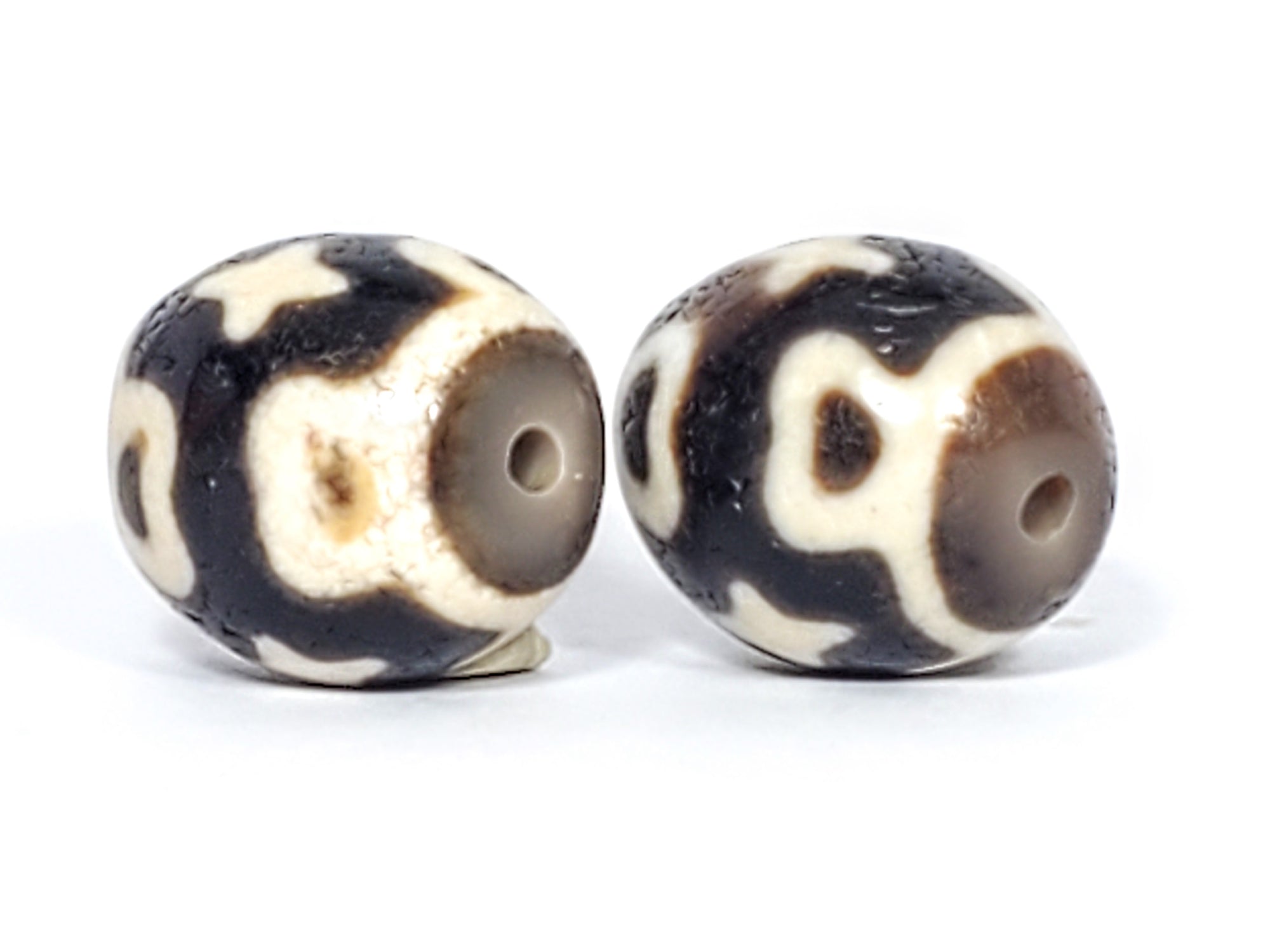 Pair of Ancient Round Six Eye Lotus & Cross Motif Dzi Bead - Very Old - 老達洛珠 (TiD-Anc-Rx2-SiELC-020124)