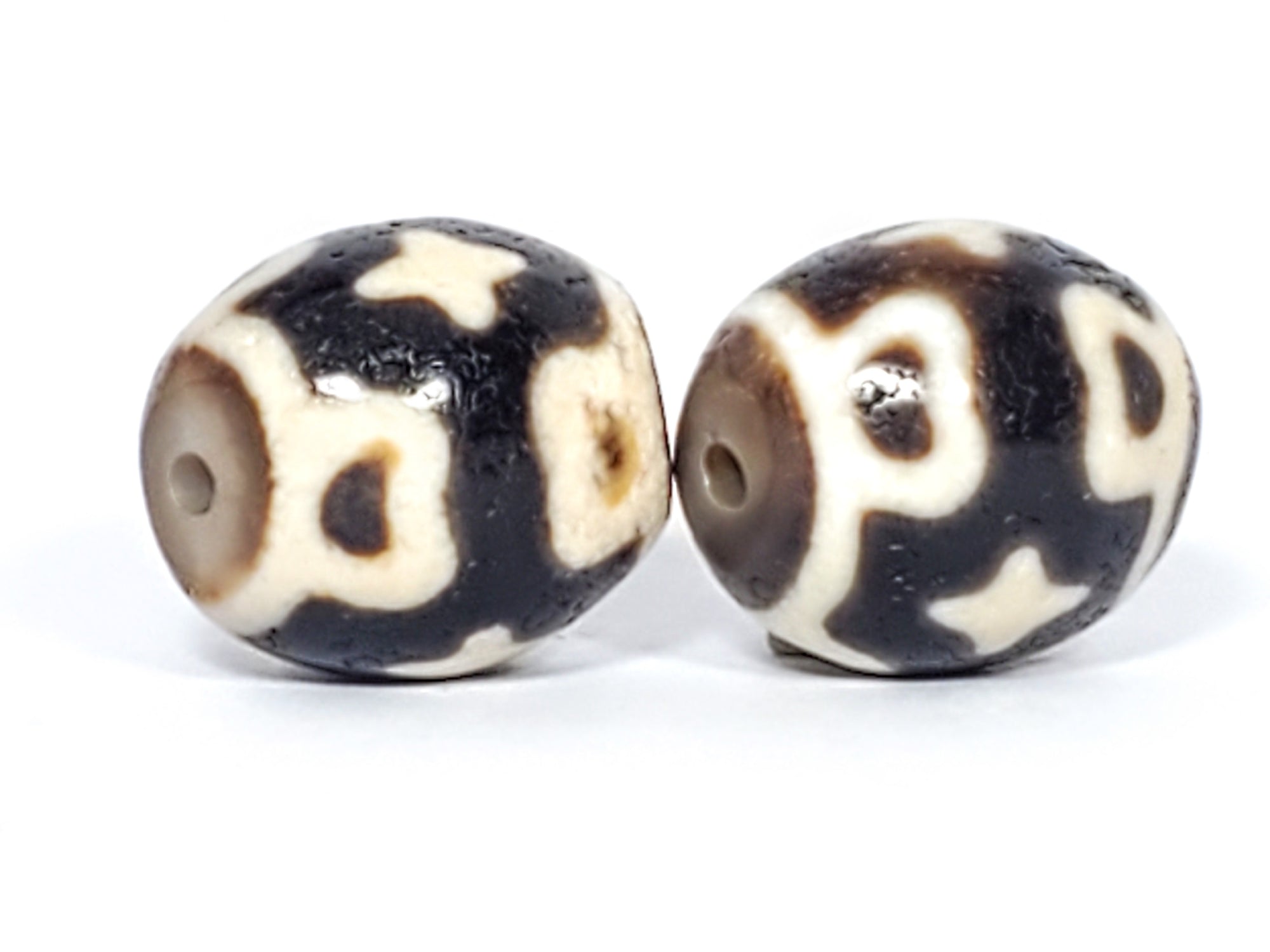 Pair of Ancient Round Six Eye Lotus & Cross Motif Dzi Bead - Very Old - 老達洛珠 (TiD-Anc-Rx2-SiELC-020124)