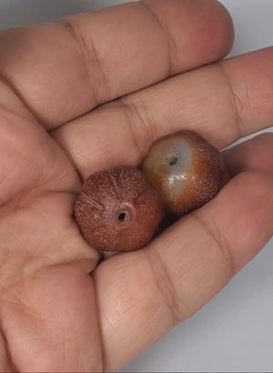 Pair of Ancient Carnelian Pumpkin Dzi Beads - Rare Pumpkin Shape