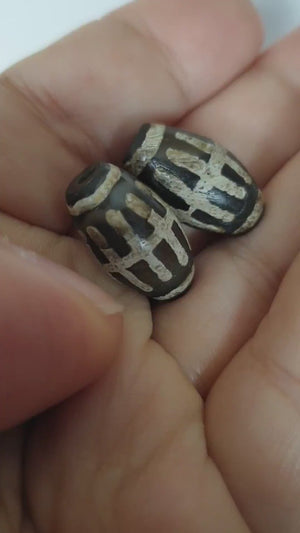 Pair of Ancient Sun Ray Motif Dzi Beads - Extremely Old Dzi