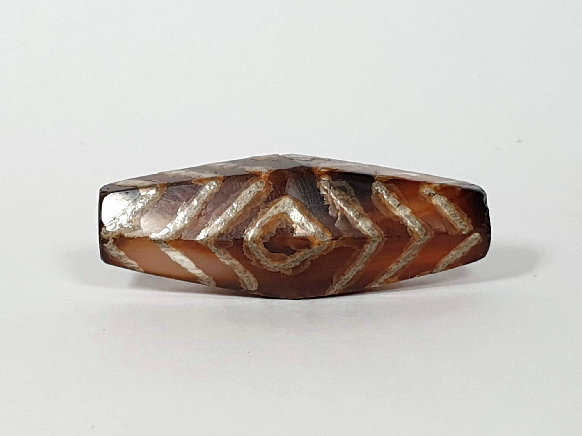 Ancient Three Eye & Tiger Stripe Motif Carnelian Dzi Bead - Rare Hexagon Shape