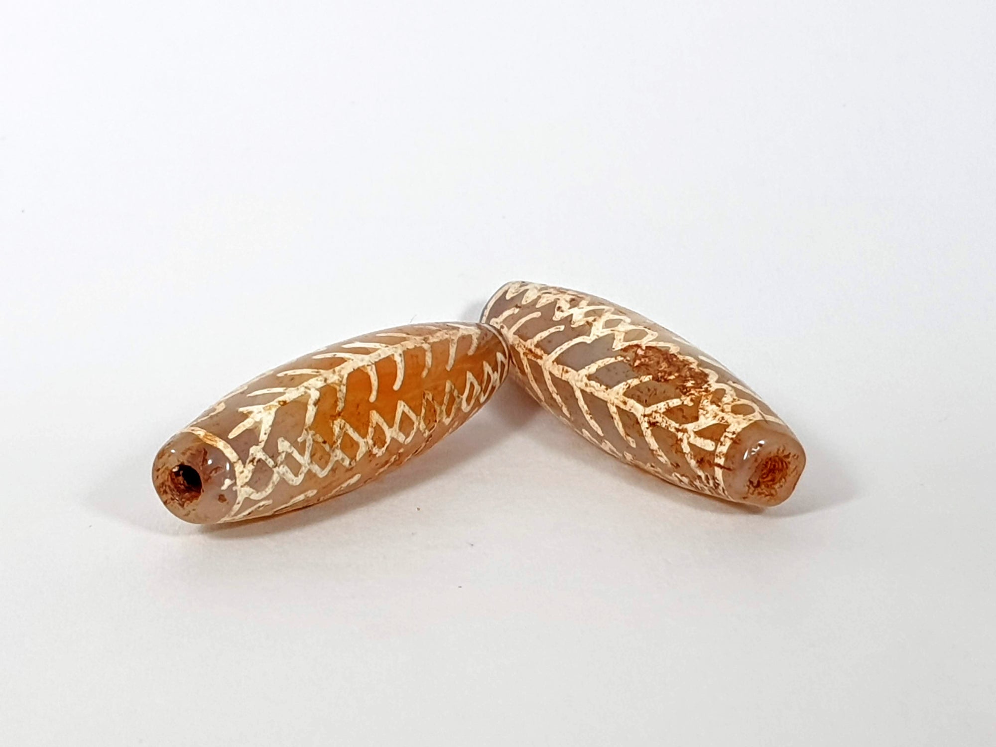 Pair of Antique Fish Bone Motif Carnelian Dzi Beads (CP-4)