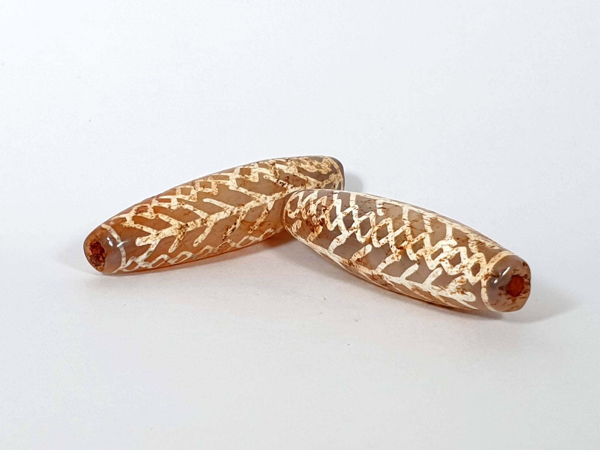 Pair of Antique Fish Bone Motif Carnelian Dzi Beads (CP-4)