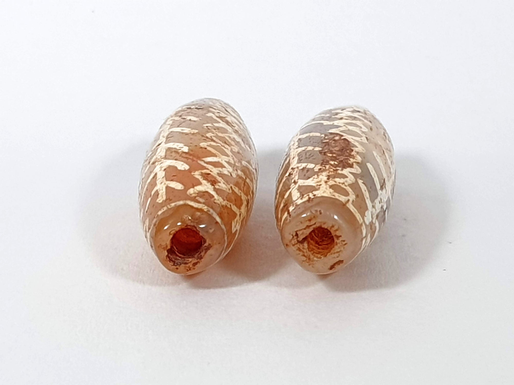 Pair of Antique Fish Bone Motif Carnelian Dzi Beads (CP-4)