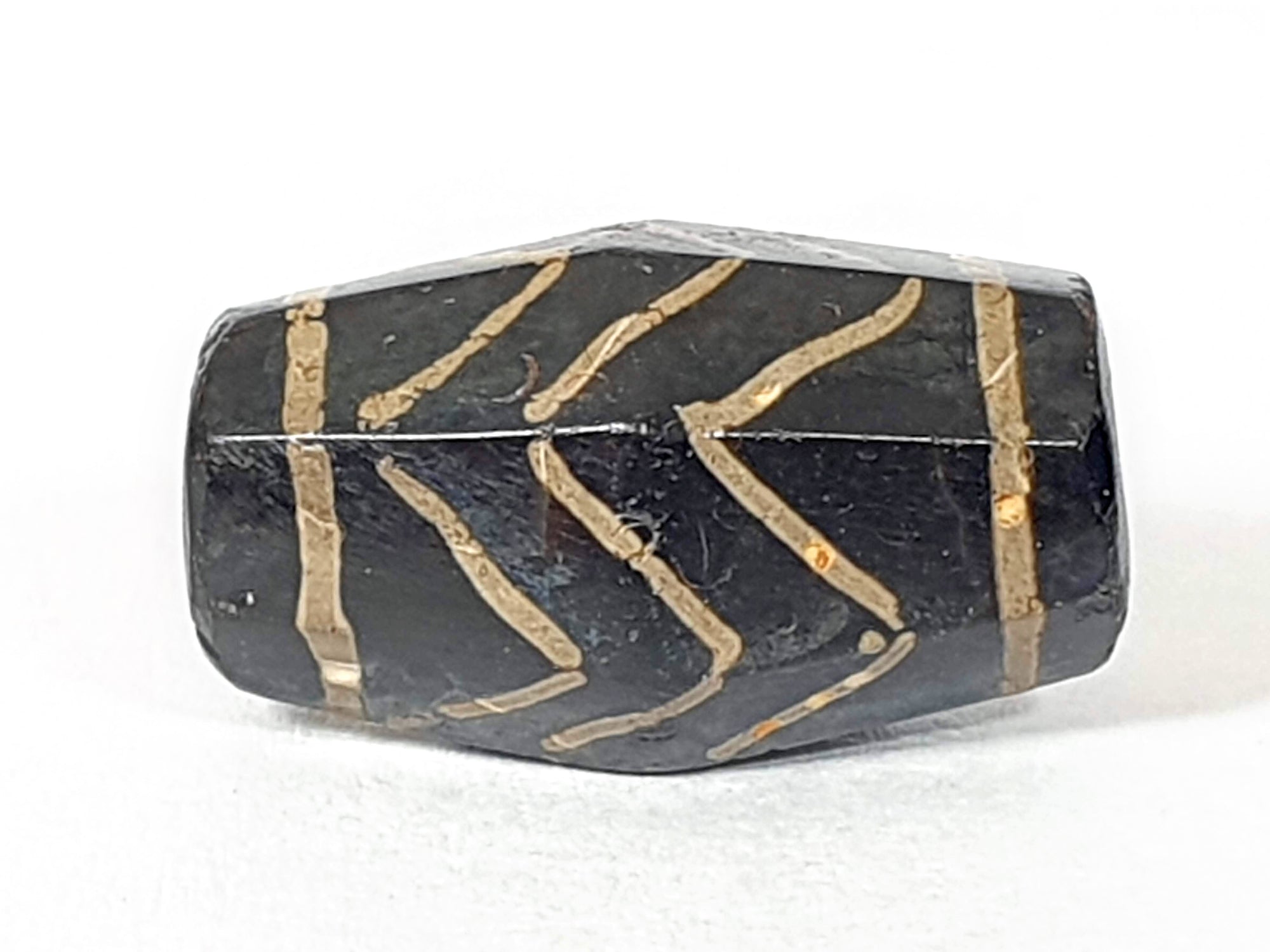 Antique Three Tiger Stripe Motif Dzi Bead with Calcification - Rare Octagon Shape