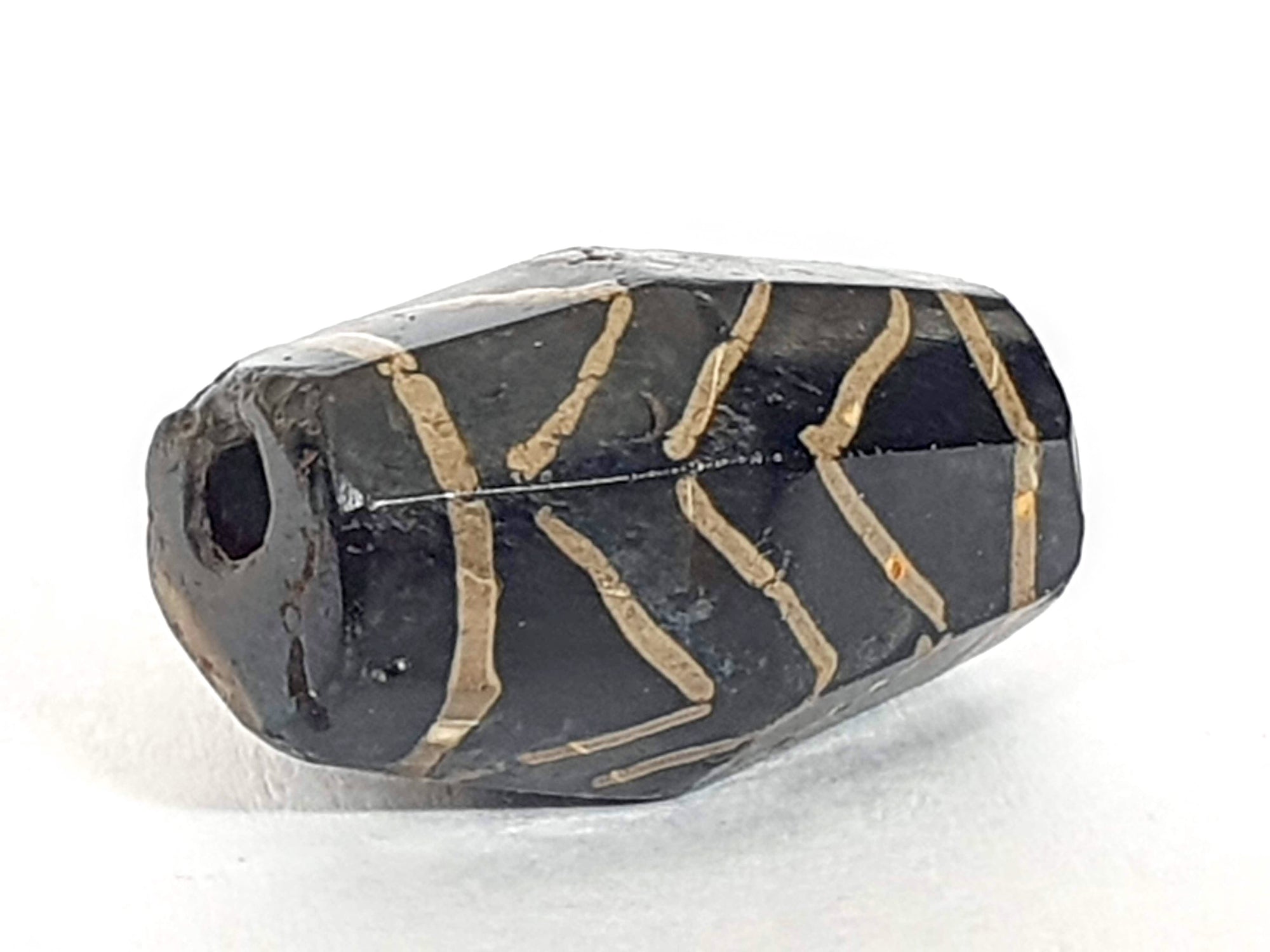 Antique Three Tiger Stripe Motif Dzi Bead with Calcification - Rare Octagon Shape