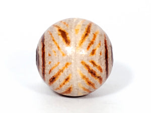 Ancient Round Double Diamond Eye-In-Eye Motif Carnelian Dzi Bead. An ancient round Dzi bead featuring a distinctive Double Diamond Eye-In-Eye motif. This Carnelian Dzi bead holds immense historical and cultural value, reflecting the meticulous craftsmanship of Tibetan artisans