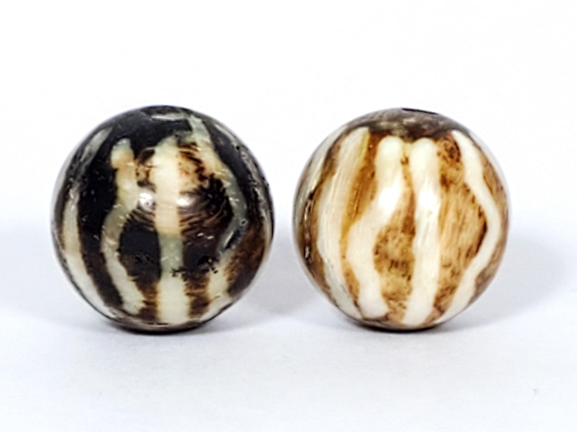 Pair of Wave & Stripe Motif Nepalese Fossilized Wood Beads