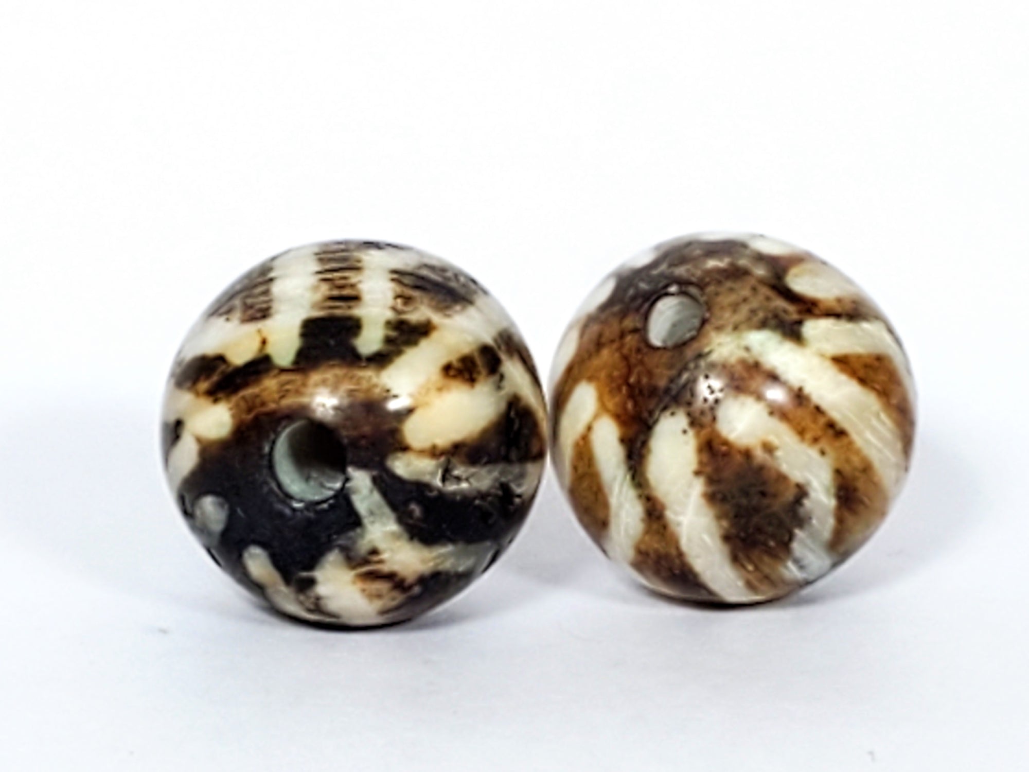 Pair of Wave & Stripe Motif Nepalese Fossilized Wood Beads