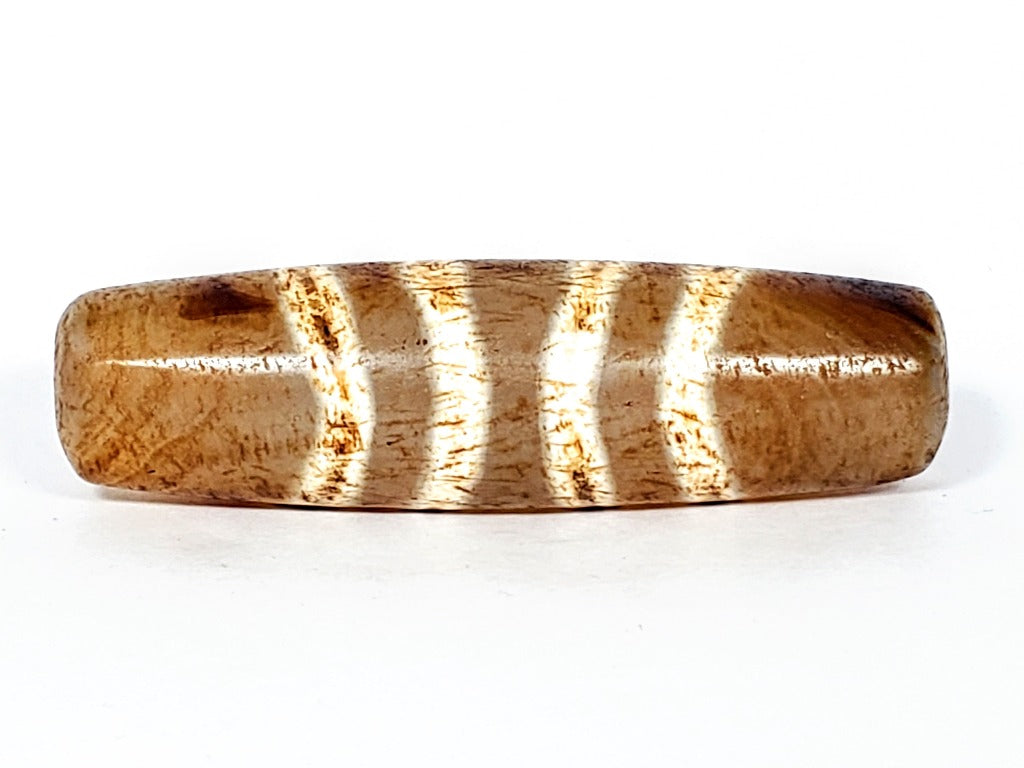  "Authentic and rare old Tibetan Seven Stripe Motif Dzi Bead, showcasing its unique design and cultural significance."