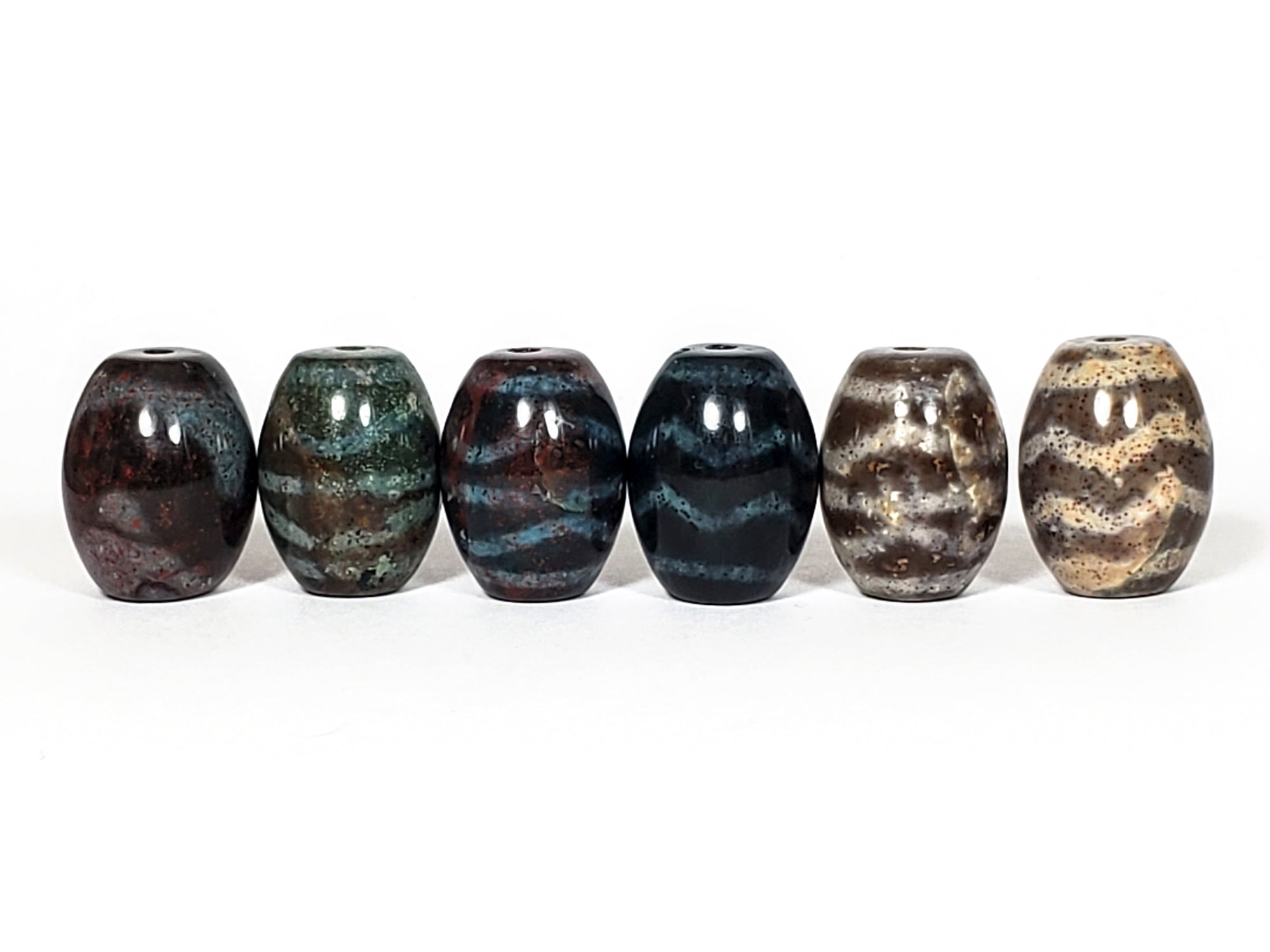 Set of Six - New Wave Motif and Tiger Tooth Motif Dzi Beads with Bloodspots