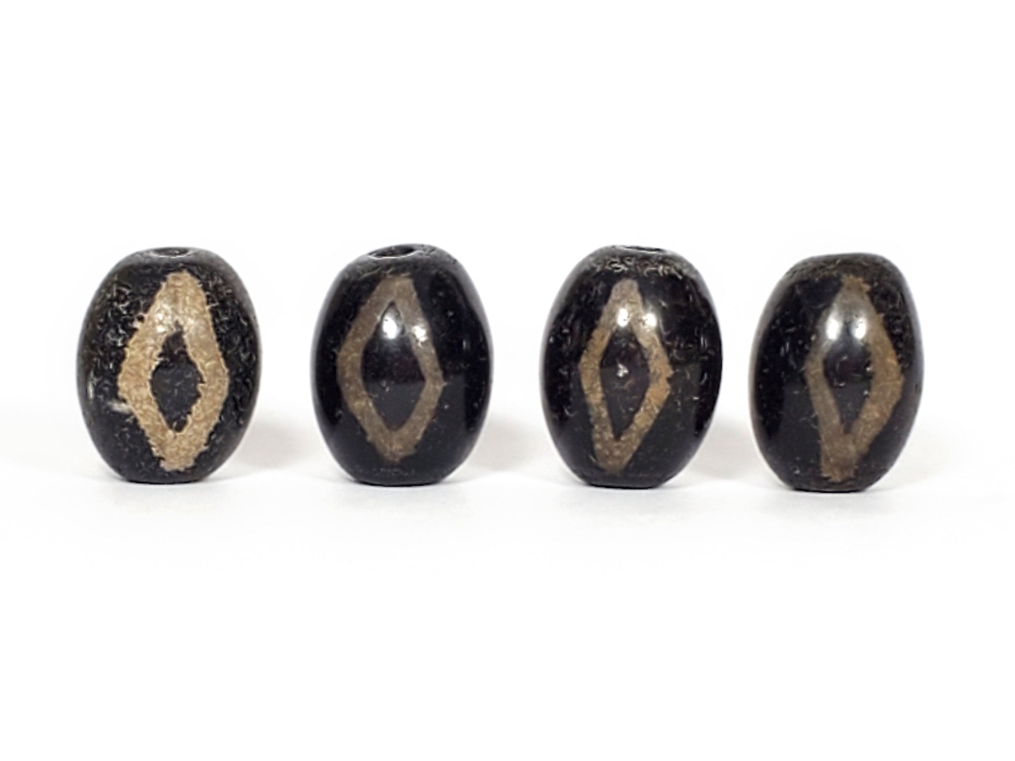 Set of Four - Three Diamond Eye Motif Dzi Beads - Ancient Unearthed Beads