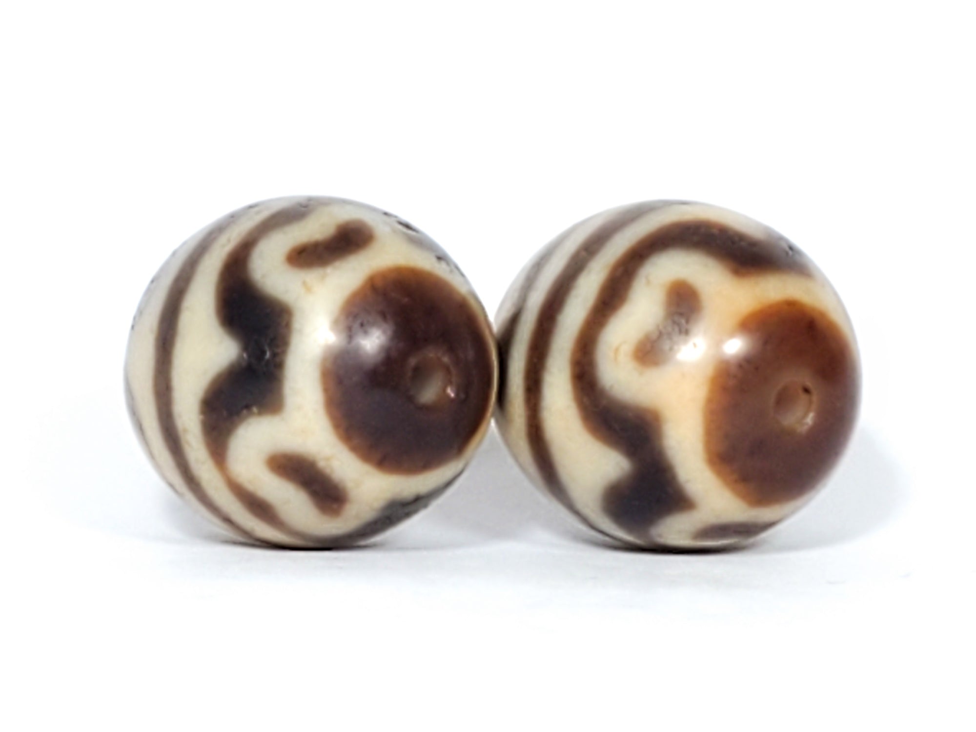 Pair of Round Tiger Tooth & Lotus Dzi Beads (R-TTL-A)