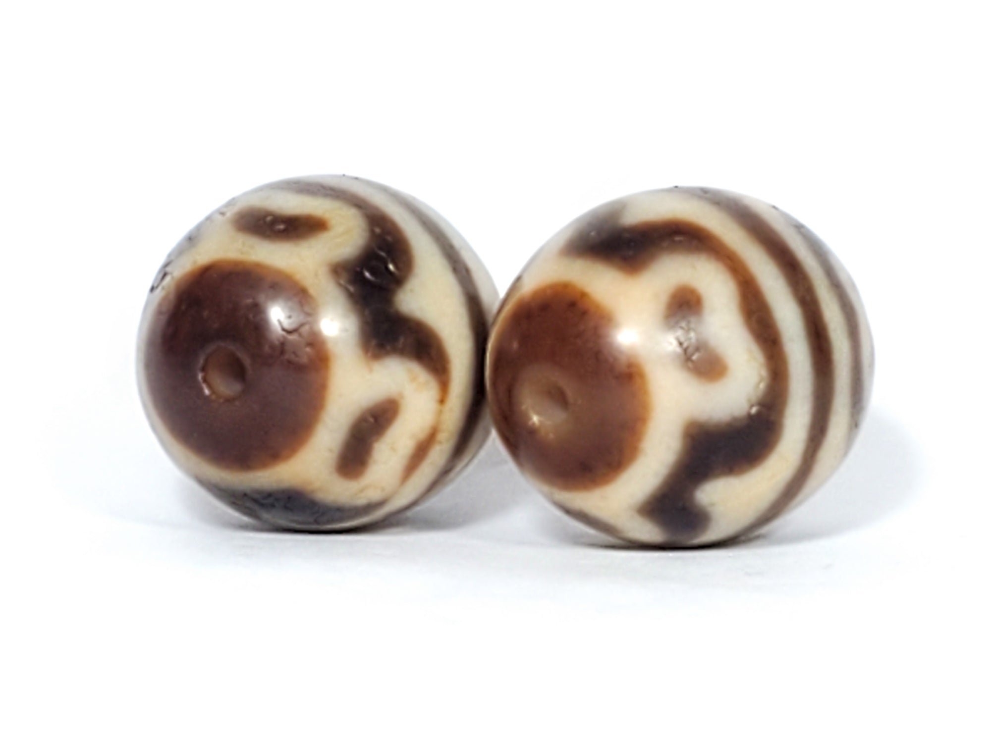 Pair of Round Tiger Tooth & Lotus Dzi Beads (R-TTL-A)