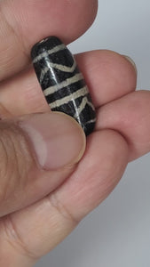  Ancient Dzi Bead - Double Tiger Tooth Motif - Calcification Detail. A remarkable ancient Dzi bead featuring an exquisite double tiger tooth motif and captivating calcification formations."